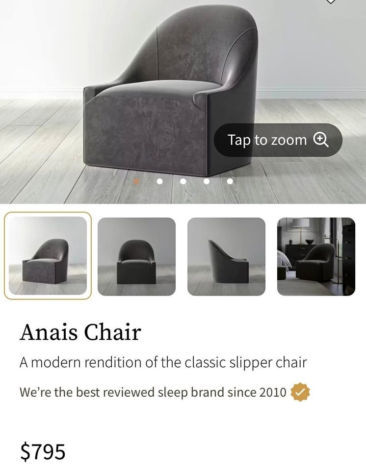 Saatva Anais Chair, Graphite Velvet, Brand New
