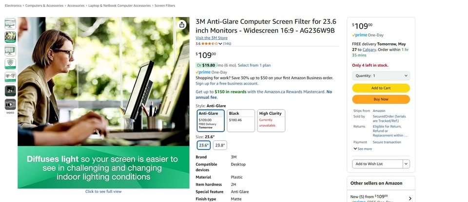 3M Anti-Glare Computer Screen Filter 23.6" Monitor - photo 3