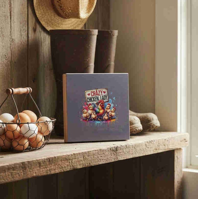 "Crazy Chicken Lady" Wooden Art Block