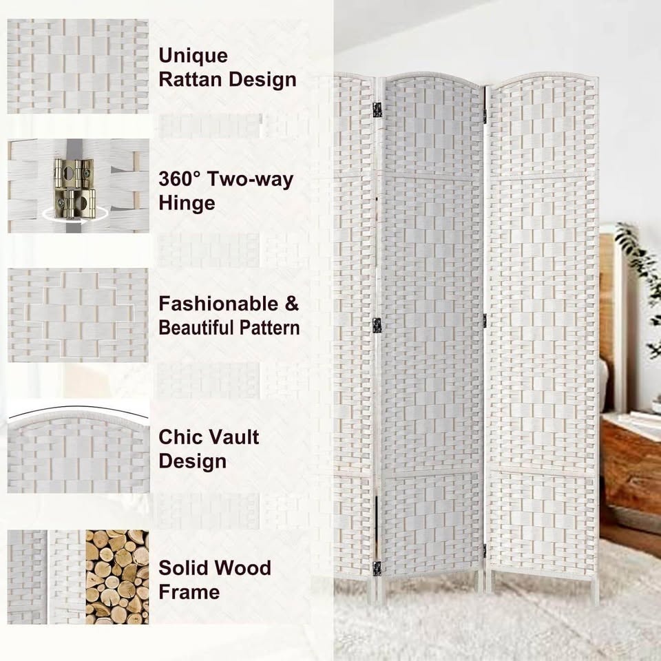 Brand New White 4-Panel Rattan Room Divider - photo 3