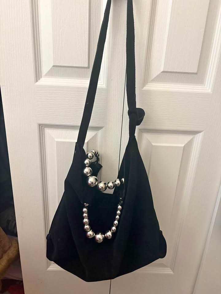 Zara Black Genuine Suede Leather Shoulder Bag w Silver Beads