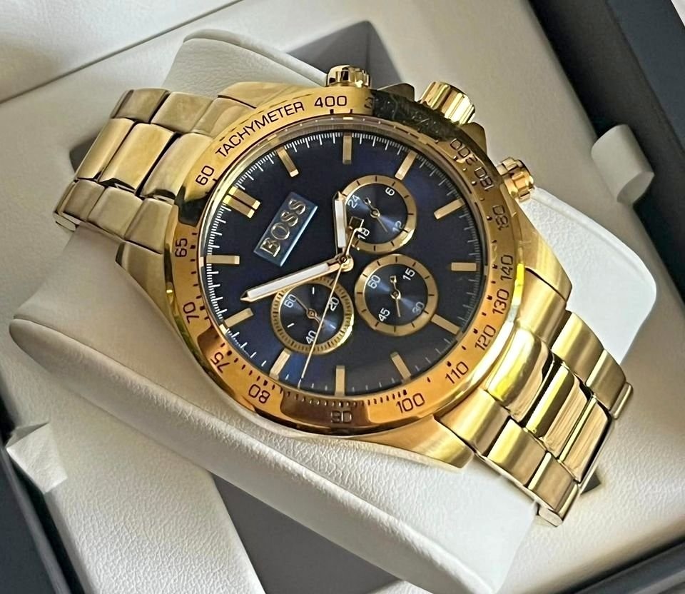 Hugo Boss Men's Ikon Chronograph Gold-Tone Blue Dial Watch NEW