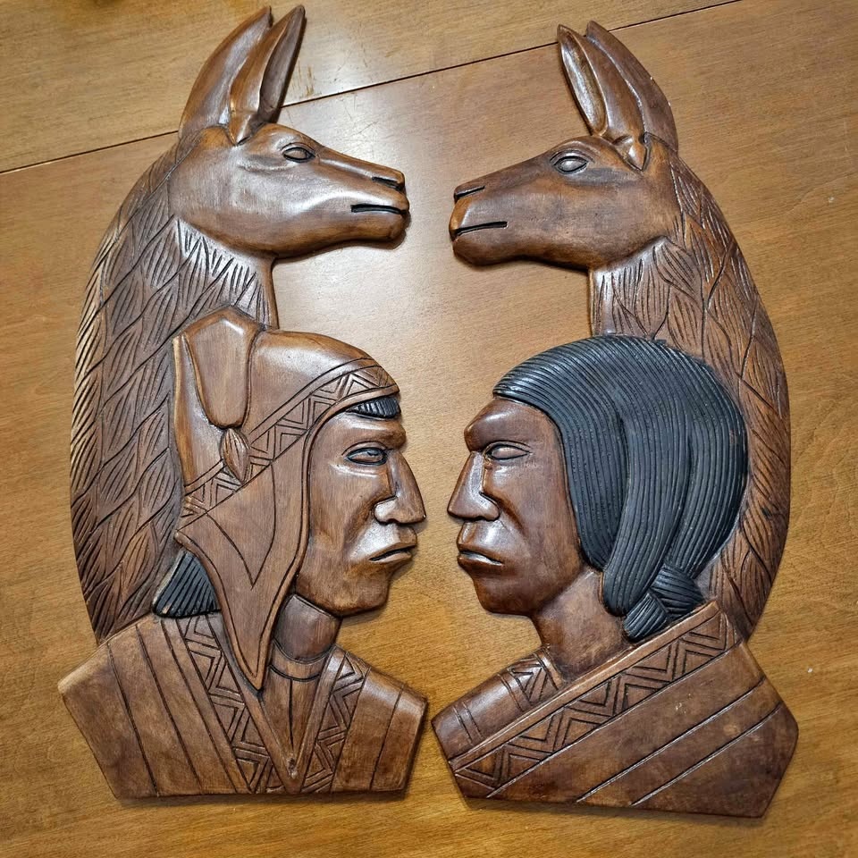 Wooden Carvings Wall Art People Llamas