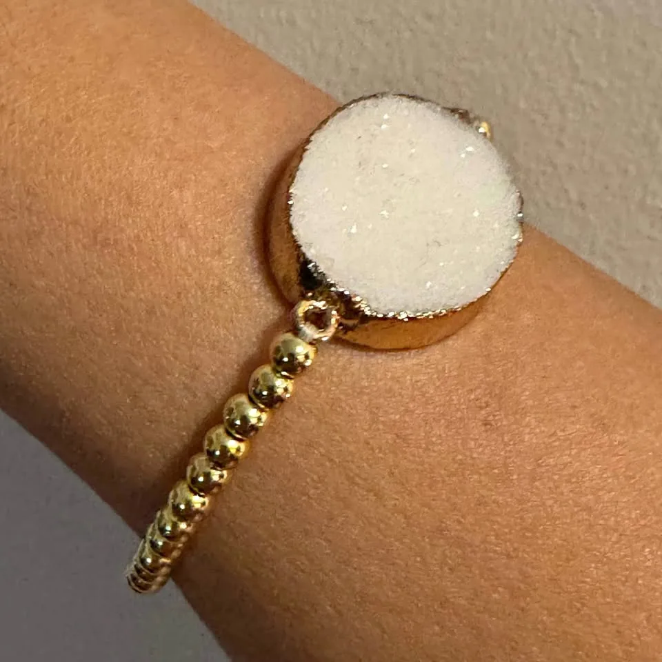 White Druzy Stone Gold Beaded Stretch Bracelet thumbnail