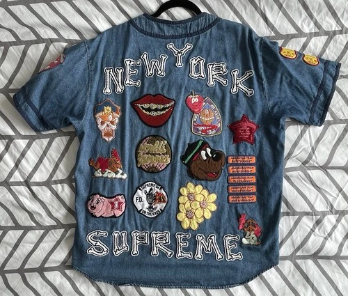 Supreme Patches Denim Baseball Jersey S/S 2021 Sz M