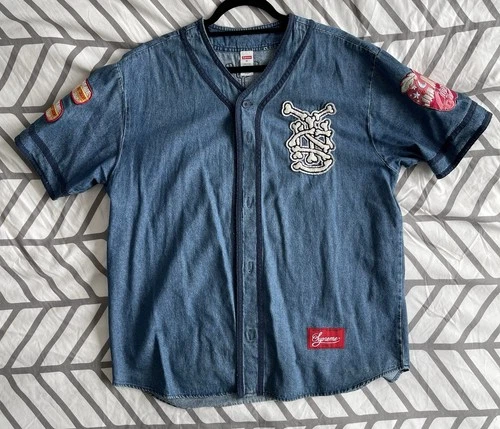 Supreme Patches Denim Baseball Jersey S/S 2021 Sz M - photo 3