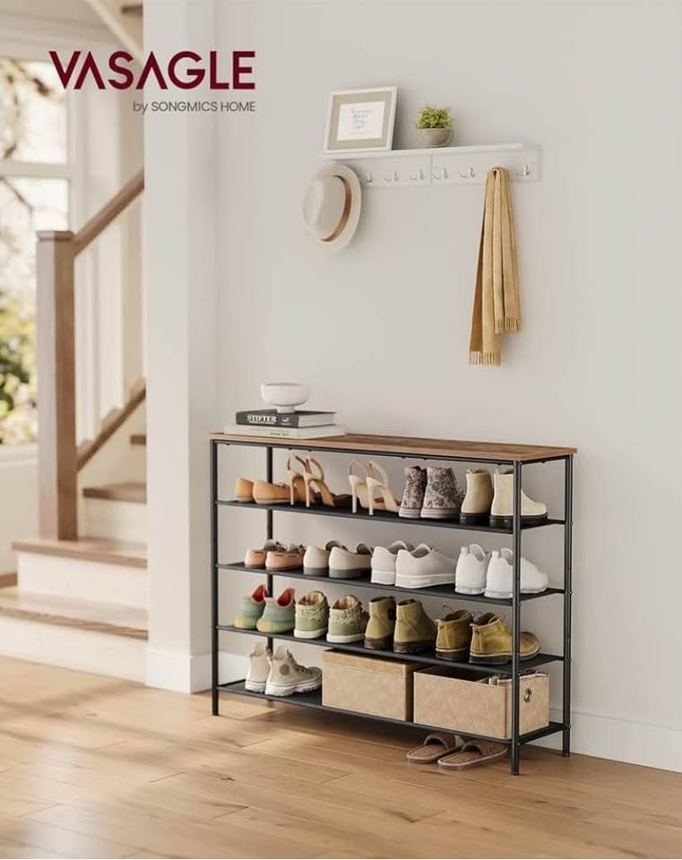 VASAGLE 5-Tier Shoe Rack Entryway Bench Rustic Brown Black Brand - photo 5