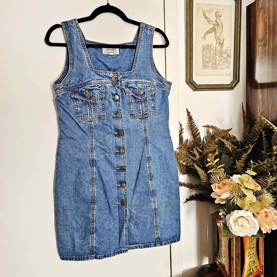 Vintage 90s Y2K Guess Denim Jumper Mini Dress - Size L