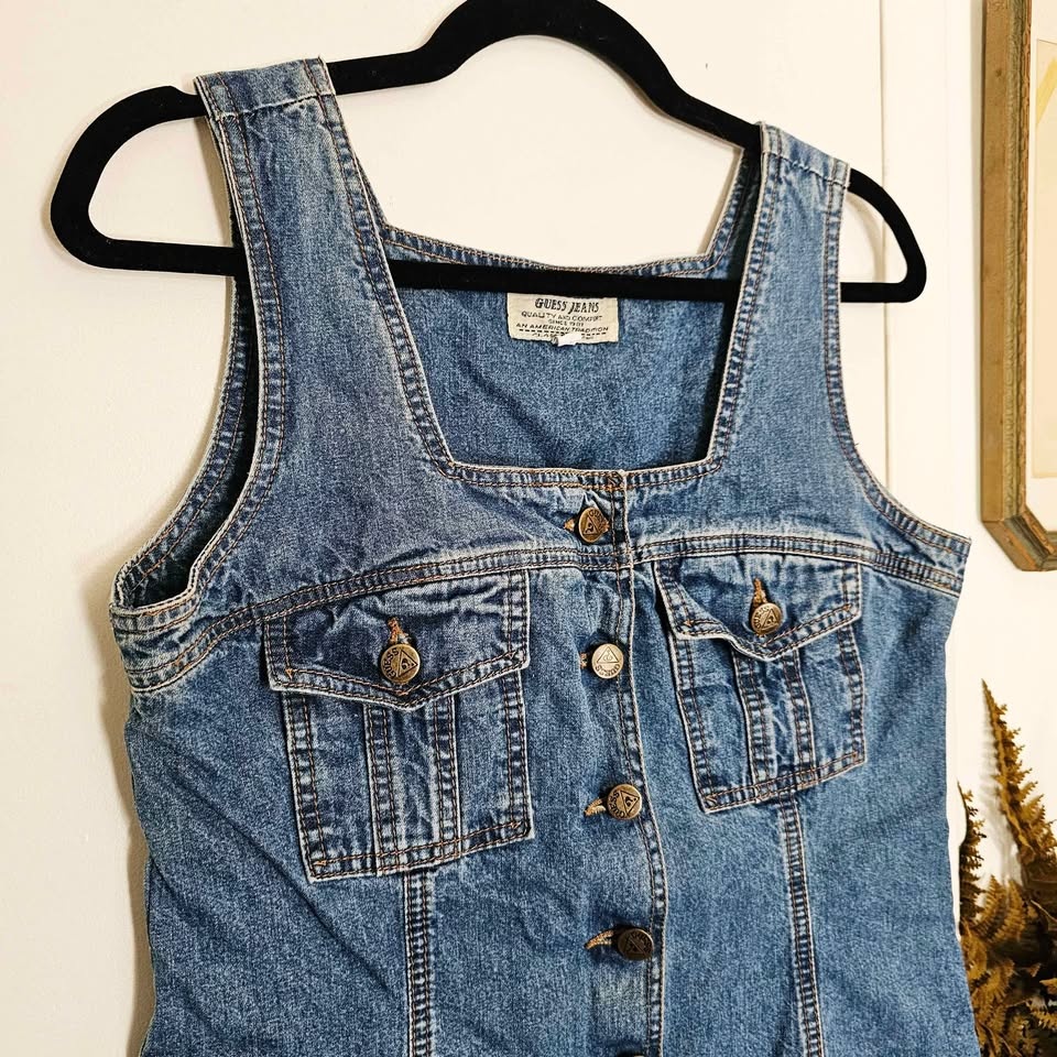 Vintage 90s Y2K Guess Denim Jumper Mini Dress - Size L - photo 2