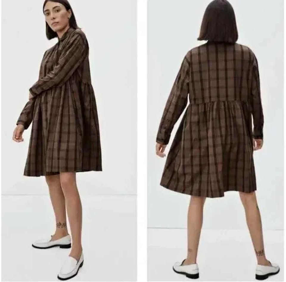 Everlane Brown Plaid Smock Babydoll Shirt Dress - Size S
