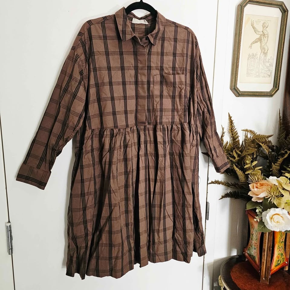 Everlane Brown Plaid Smock Babydoll Shirt Dress - Size S - photo 3