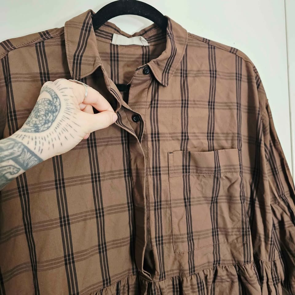 Everlane Brown Plaid Smock Babydoll Shirt Dress - Size S - photo 4