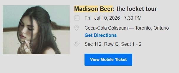 2x Madison Beer Tickets Toronto - Aisle Seats