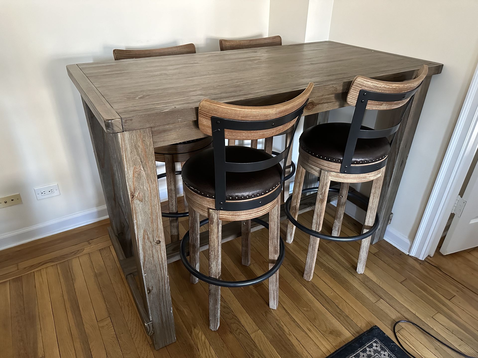 Guadeloupe Bar Height Wood Table and 4 Spinning Chairs