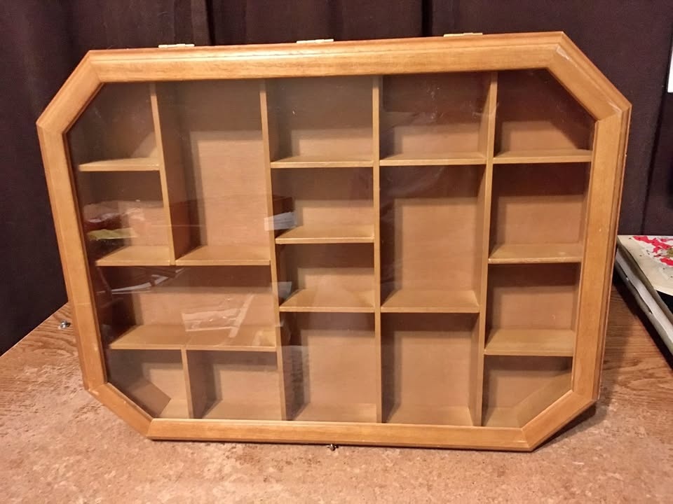 Vintage Wood Curio Cabinet Shadow Box - 17 Compartments