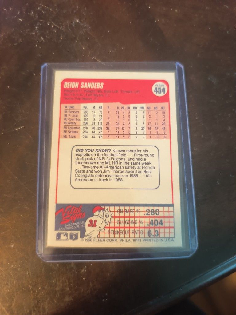 1990 Fleer Deion Sanders Baseball Rookie Card - Mint - photo 2