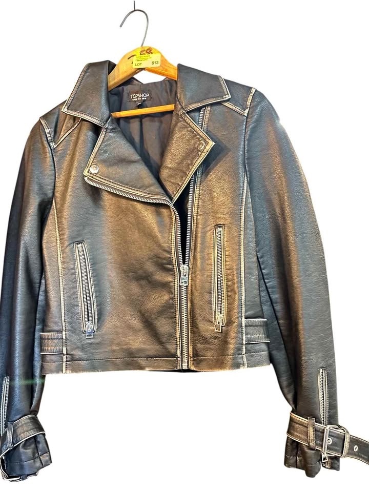 Topshop black faux leather moto jacket size 6