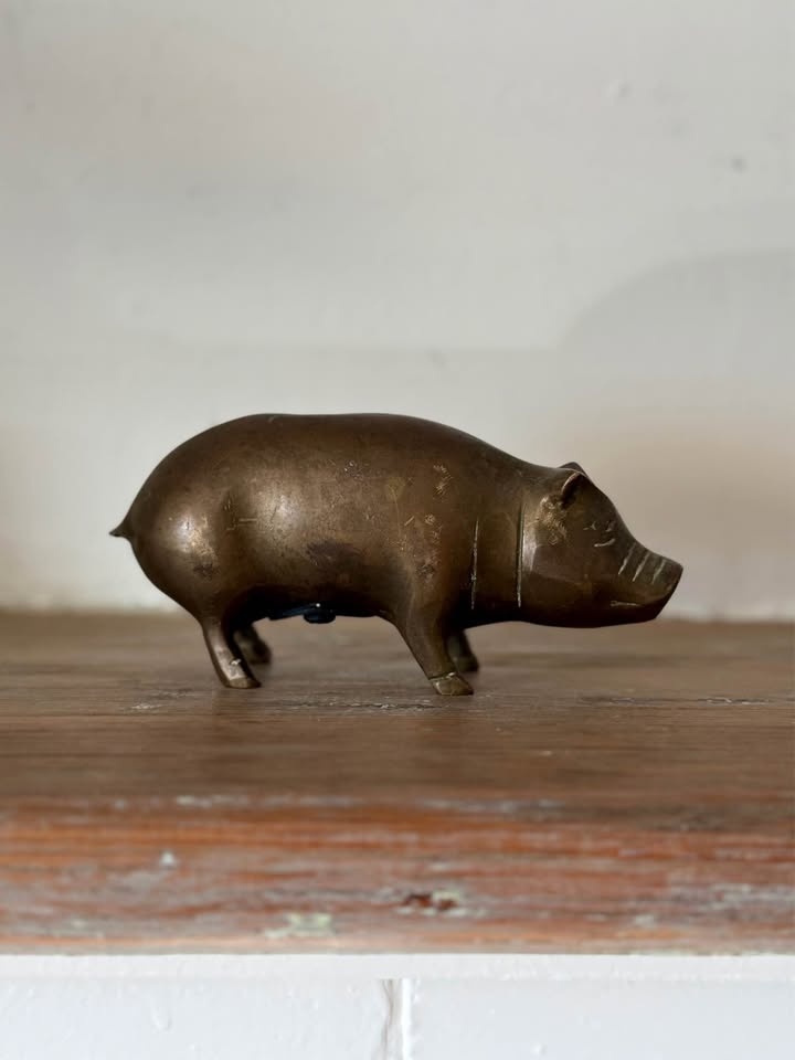 Vintage Solid Brass Piggy Bank Sculpture