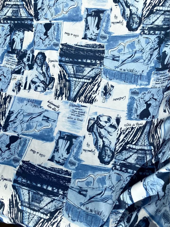 Blue and white polyester Parisian motif fabric