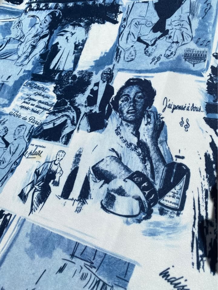 Blue and white polyester Parisian motif fabric - photo 2