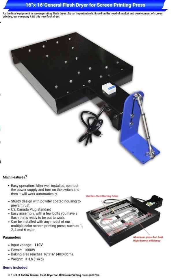16 x 16 General Flash Dryer for Screen Printing