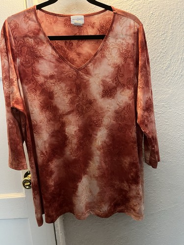 Jaclyn Smith Rust Floral Tie-Dye V-Neck Blouse