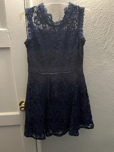 Girls Navy Blue Satin & Lace Midi Dress – Elegant & Comfy