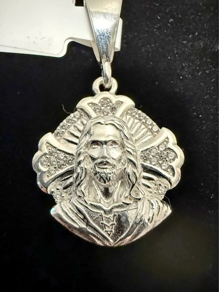925 Sterling Silver Jesus face with cross pendant thumbnail