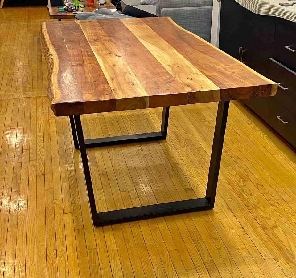 Solid wood - black metal legs (add benches)
