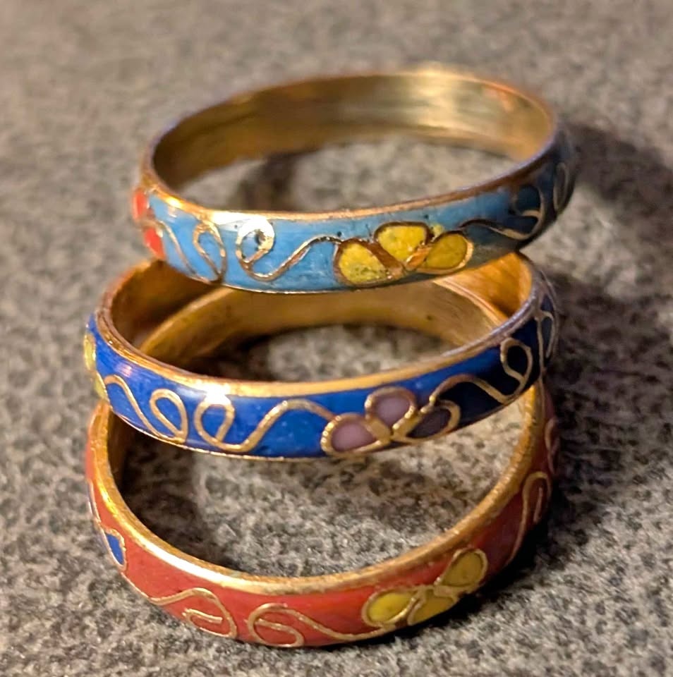 3 Cloissone and Brass Rings sz 4
