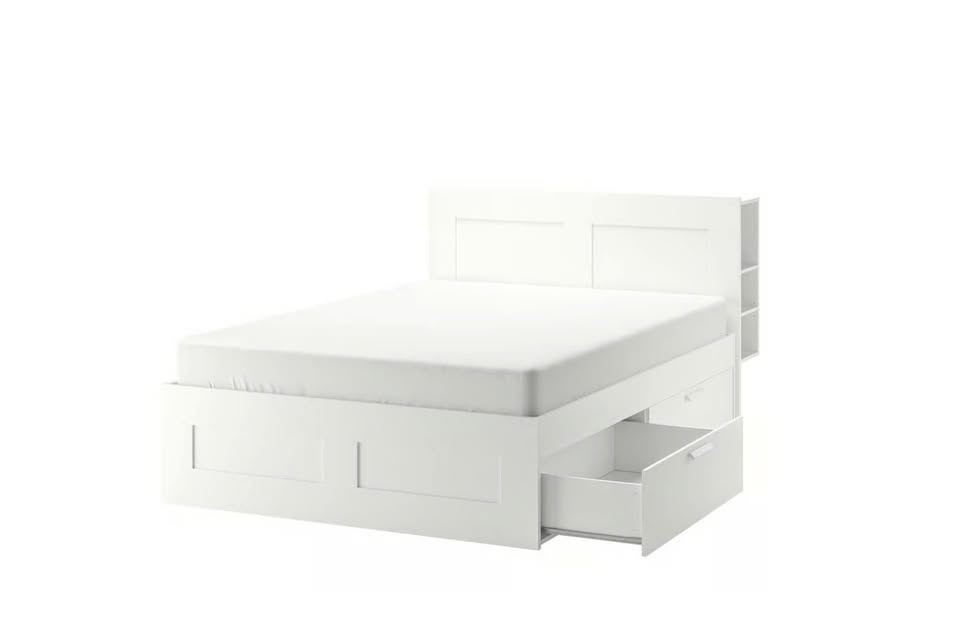 BRIMNES N bed frm/stor FU white/Luröy from IKEA with mattress.