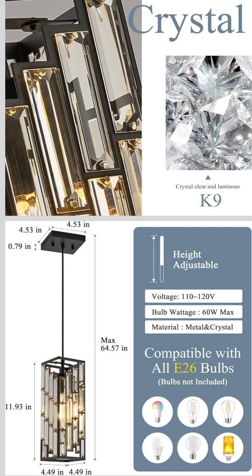 Modern Crystal Pendant Light - Black Frame - photo 2