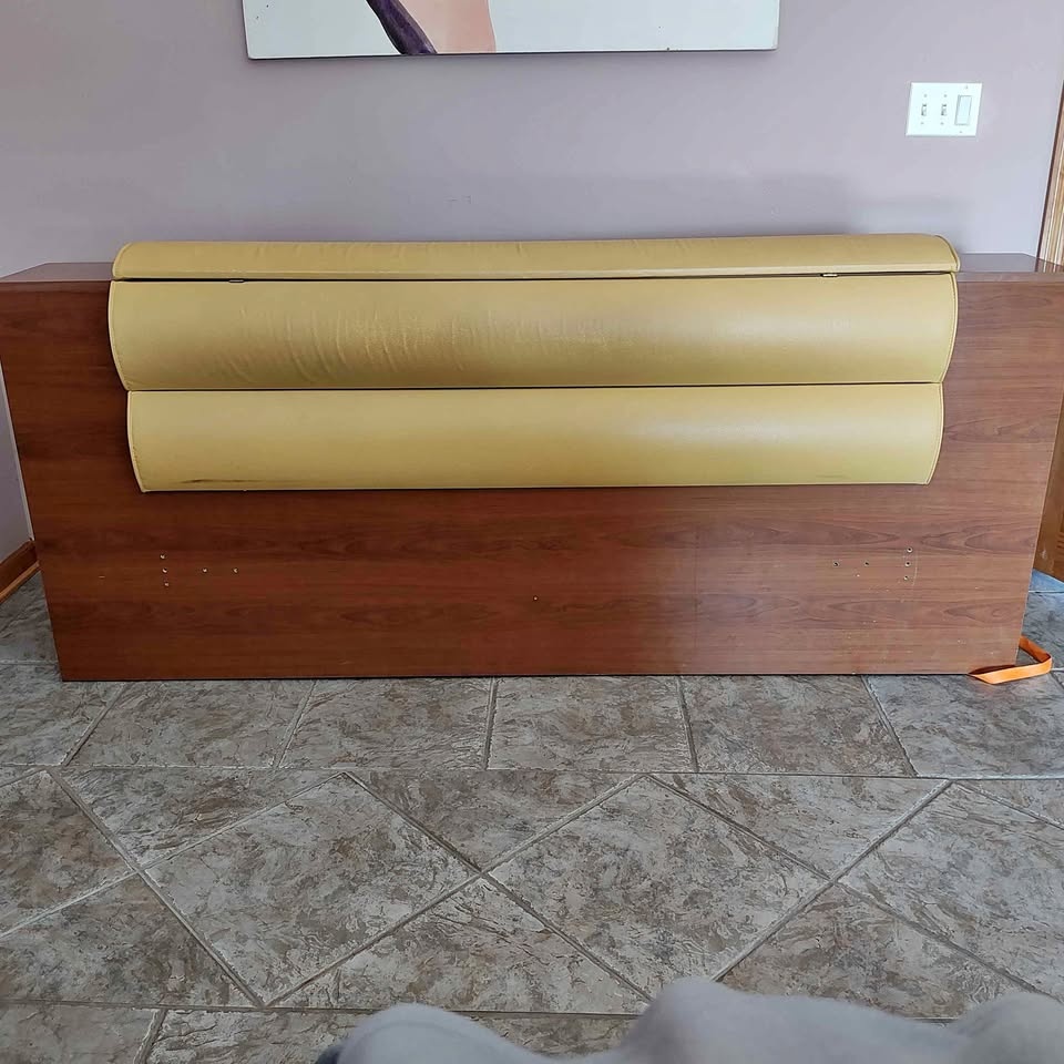 Yellow Leather Headboard with 2 Wood Nightstands