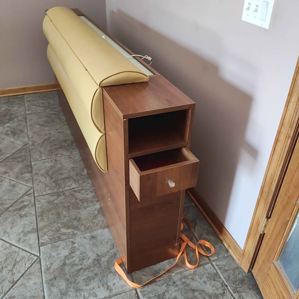 Yellow Leather Headboard with 2 Wood Nightstands - photo 2