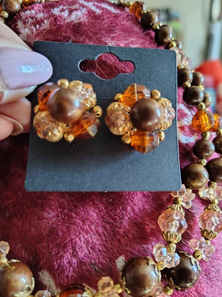 Vintage 60s Faux Amber Bead Necklace & Earrings Set - photo 5