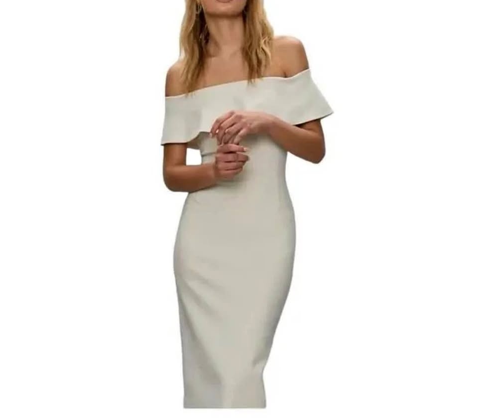 Babaton Contour Midi Ruslan Off Shoulder Dress Bone Size 2