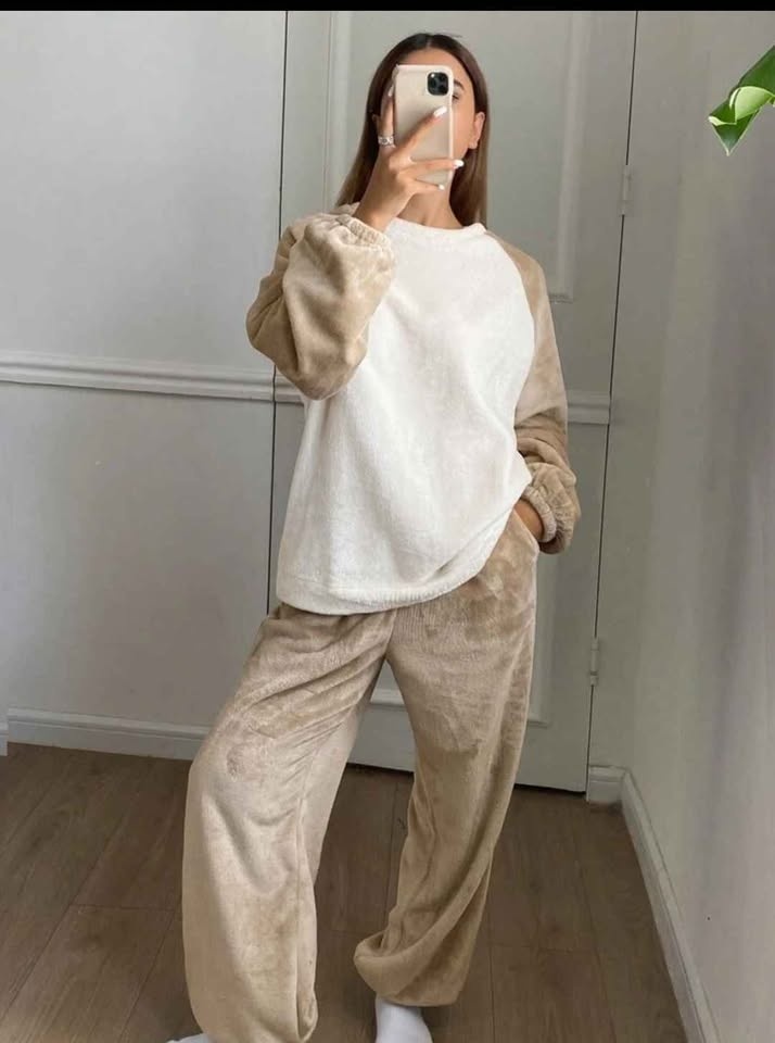 Flannel Thick Colorblock Raglan Sleeve Top & Pants Pajama Set