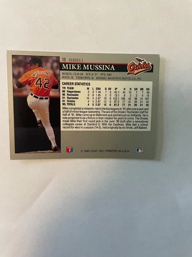 1992 Mike Mussina Series 1 Leaf Rookie Card #13 *HOF* - photo 2