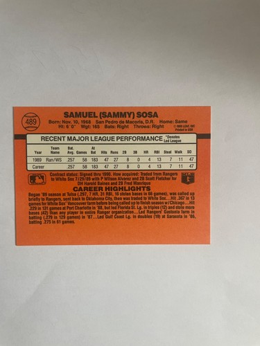 1990 Donruss #489 Rookie Sammy Sosa - photo 2
