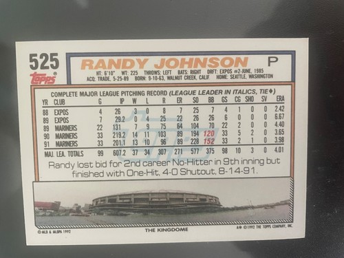 RANDY JOHNSON 1992 Topps Baseball # 525 Seattle Mariners HOF NM - photo 2