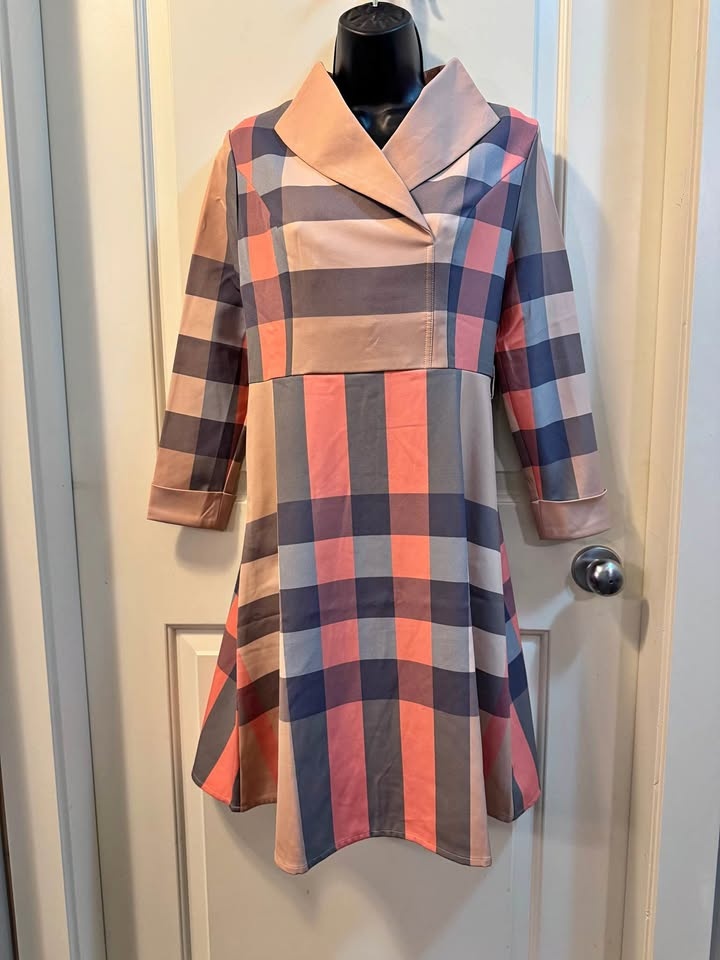 Burberry London England Pink & Blue Mega Check Shawl Collar Dres