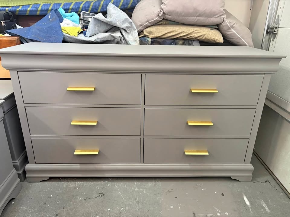 Beautiful gray storage dresser with gold handles - like new