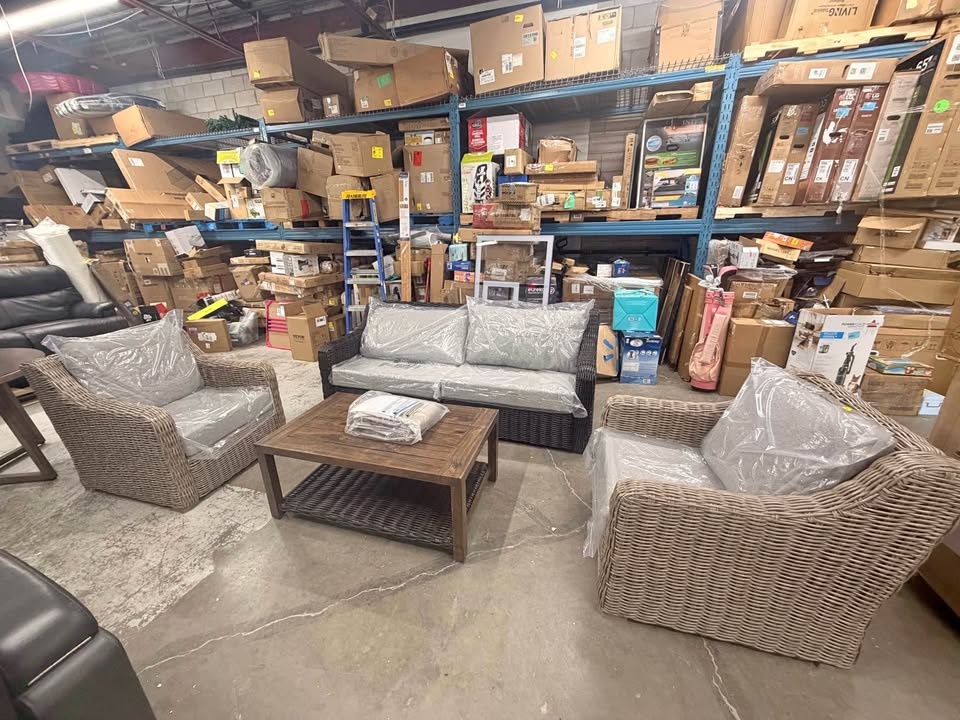 4 piece patio set. Beige/black wicker with metal coffee table