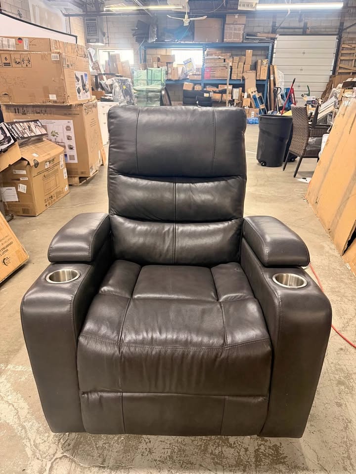 Ramsey Grey Top-Grain LEATHER Home Theater Power Recliner