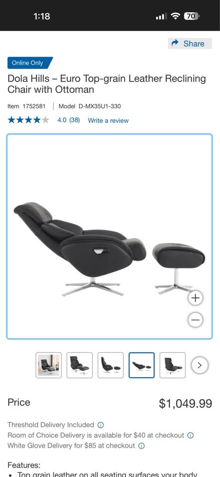 Dola Hills Euro Top-grain Leather Reclining Chair with Ottoman - photo 5