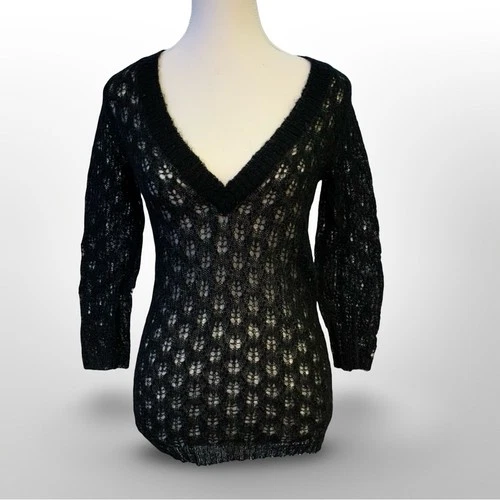 Smart Set Black Sheer Crochet Knit V-Neck Sweater Junior S Whims