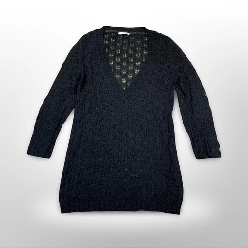 Smart Set Black Sheer Crochet Knit V-Neck Sweater Junior S Whims - photo 4