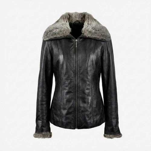 Danier Genuine Leather Jacket Small Black Rabbit Fur Collar & Cu