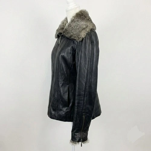 Danier Genuine Leather Jacket Small Black Rabbit Fur Collar & Cu - photo 5