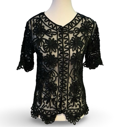 Vintage Victorian Floral Soutache Beaded Mesh Cardigan Black Sma